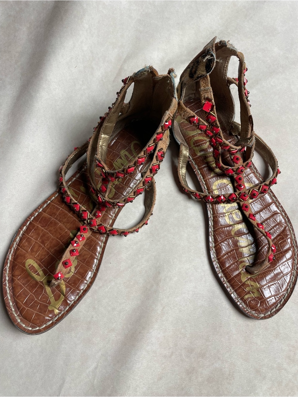Sam Edelman Brown Croc-Embossed Gladiator Sandals with Red Studs